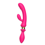 Розовый двусторонний вибромассажёр с клиторальным отростком - 30 см.