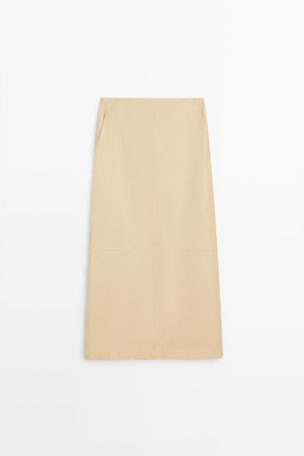 Massimo Dutti Юбка миди из кожи наппа, ванильный