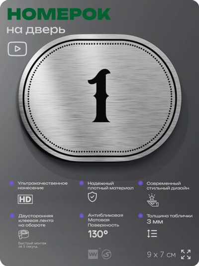 Номерок на дверь квартиры 1, для кабинета, офиса, шильдик 9 х 7 см, серебристый, Айдентика Технолоджи