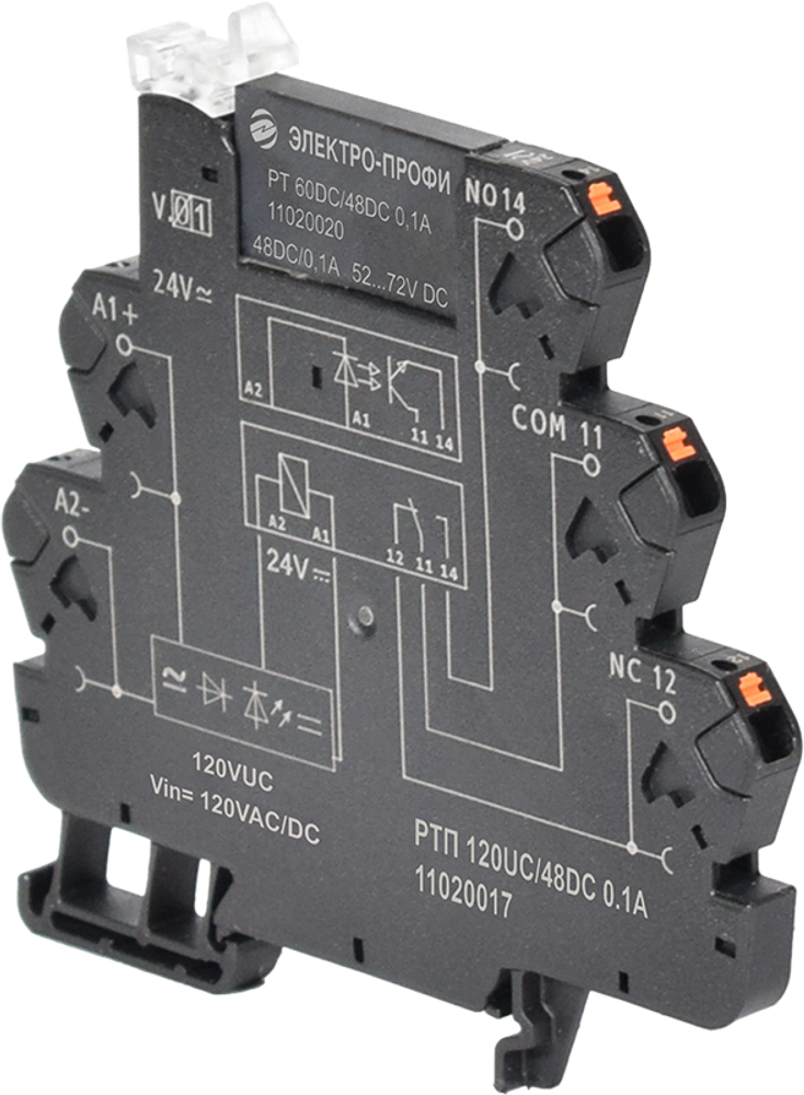 Реле твердотельное 120VUC/48VDC, 0.1A, PUSH-IN зажим, 11020017 РТП