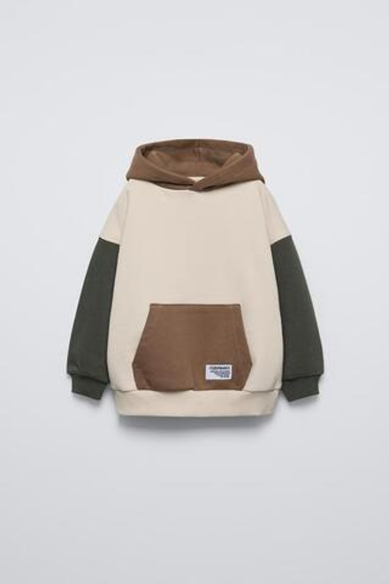 ZARA ТОЛСТОВКА В СТИЛЕ «ЦВЕТОВОЙ БЛОК» С КАПЮШОНОМ, ЭКРЮ/КОРИЧНЕВЫЙ