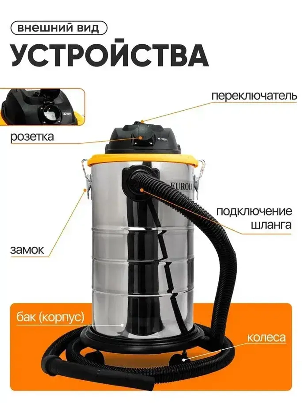 Пылесос строительный; Eurolux 1700 Вт; 30 л; пылесос строительный с розеткой