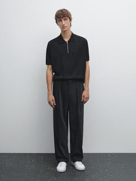 Massimo Dutti Трикотажное поло с воротником на молнии, черный