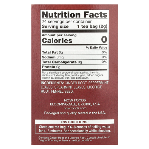 NOW Foods, успокаивающий чай с имбирем и мятой, без кофеина, 24 чайных пакетика, 48 г (1,7 унции)