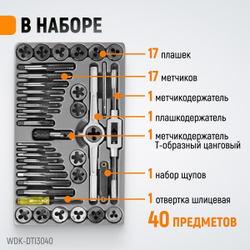 WDK-DTI3040 Набор метчиков и плашек 4NC40 - 1/2NF20, 40 предметов, дюймовая резьба