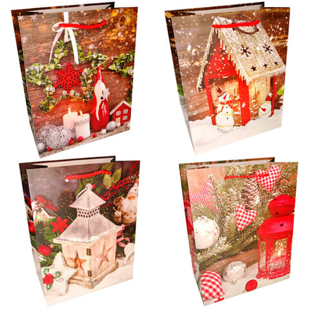 Пакет подар. бум. новогодн. 18*23*10 см 210 гр/м2 "Фонарики" микс дизайнов