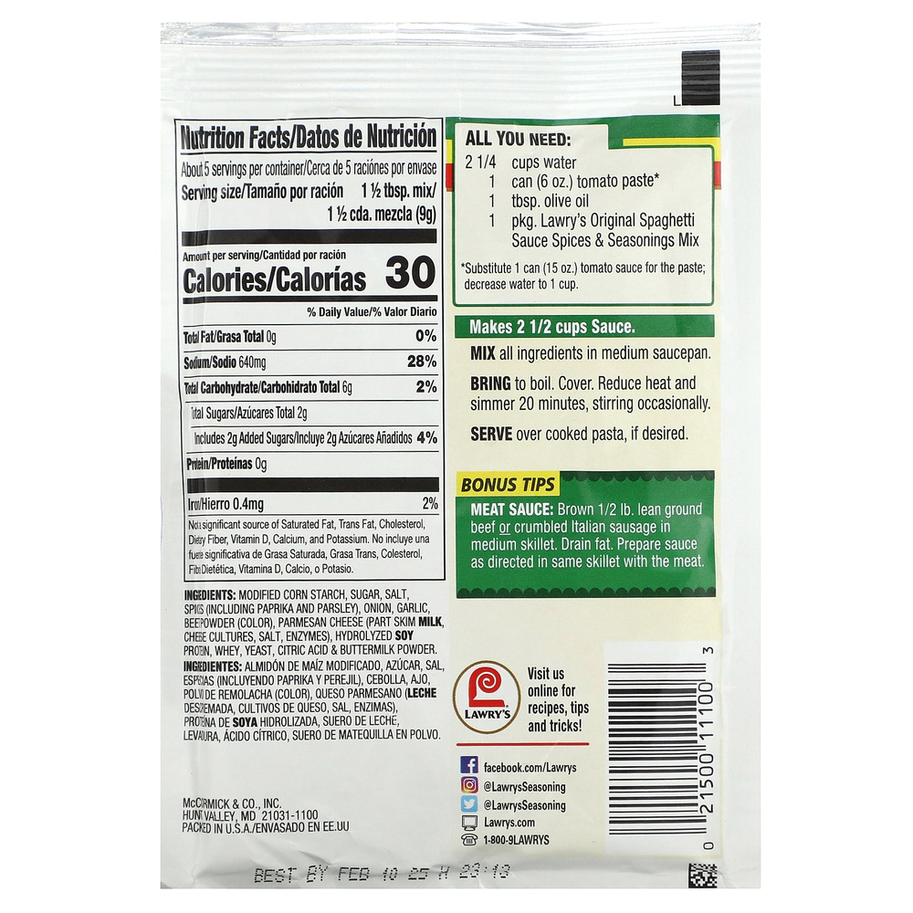 Lawry's, смесь специй и приправ, оригинальный соус для спагетти, 42 г (1,5 унции)
