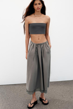 ZARA КОМБИНИРОВАННАЯ ЮБКА-КЛЁШ МИДИ, МЯГКИЙ СЕРЫЙ