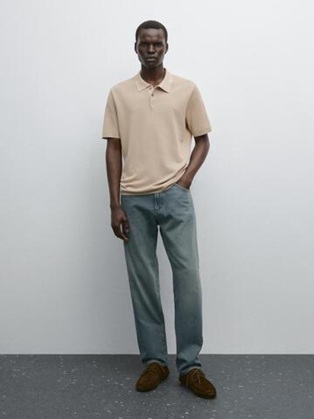 Massimo Dutti Трикотажная футболка с воротником поло, светлый хаки