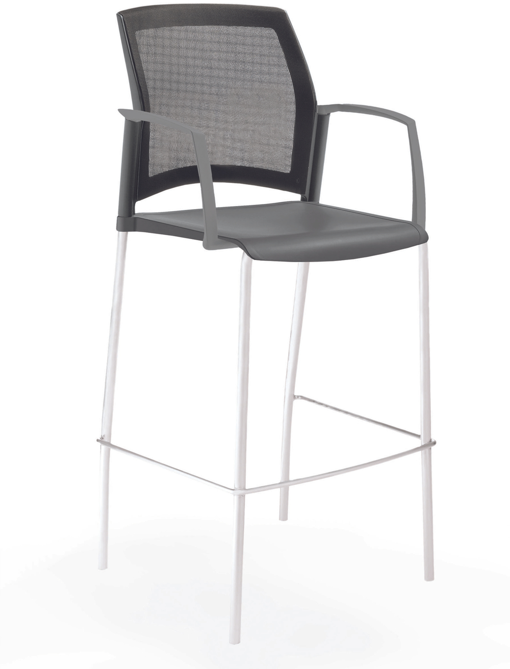 стул Rewind стул барный на 4 ногах, каркас белый, пластик серый, спинка-сетка, с закрытыми подлокотниками