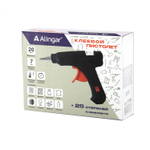 Клеевой пистолет Alingar, 20 Вт,черный, 25 стержней в комплекте, пластиковый корпус, метал.подставка, кнопка питания, индикатор сети