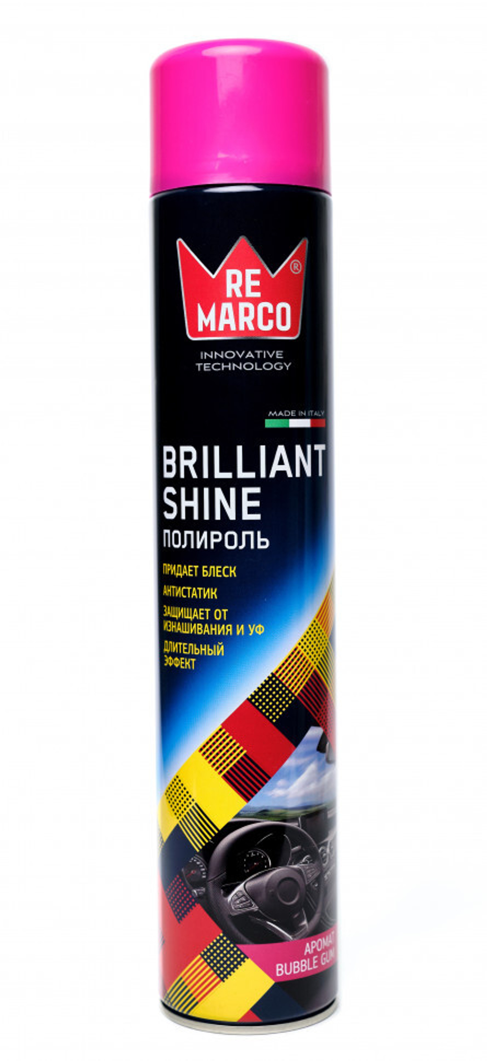 RM-808 RE MARCO Полироль пластика  BRILLIANT SHINE 750 мл (аэр.), BUBBLE GUM