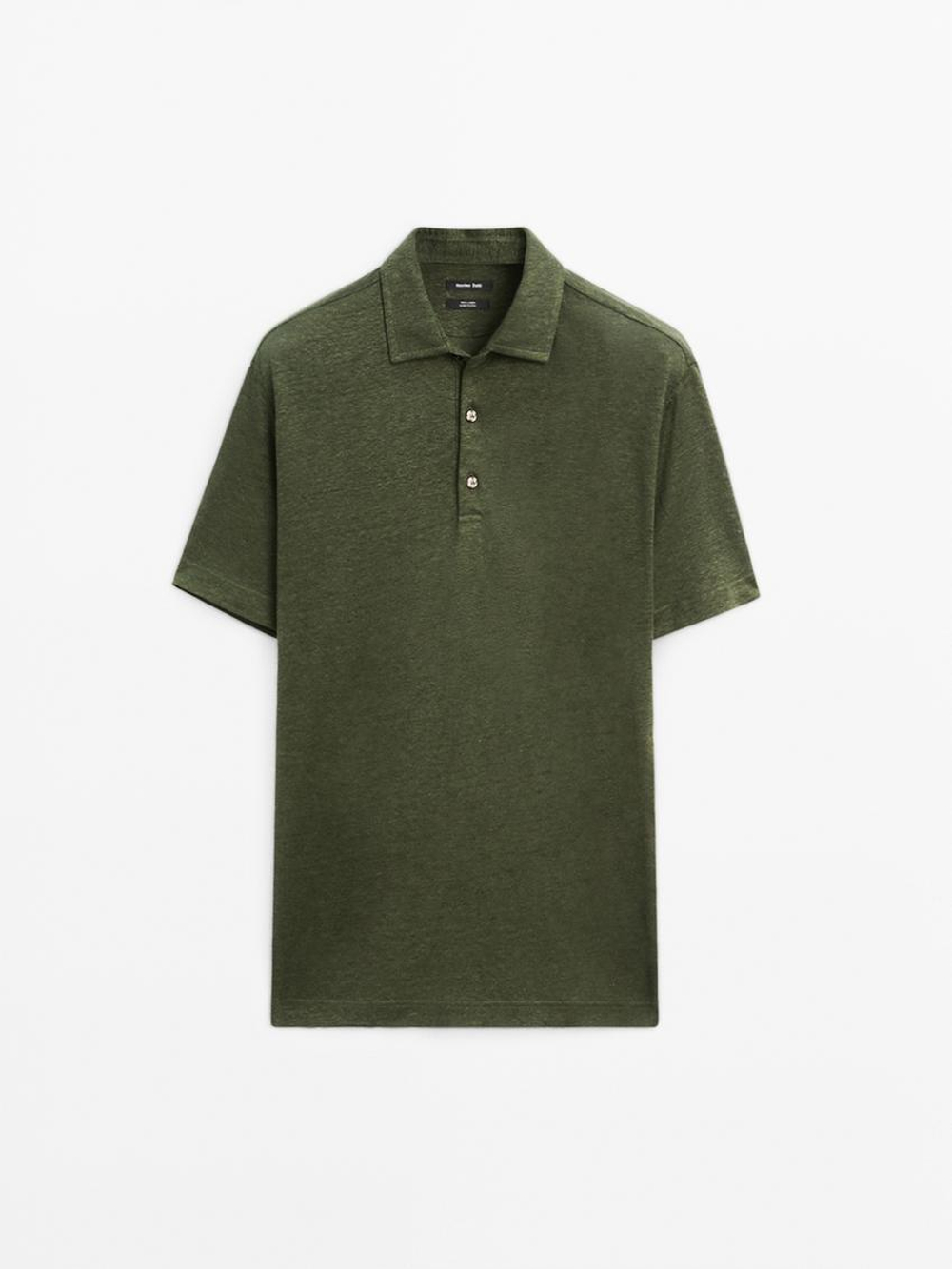 Massimo Dutti Поло с короткими рукавами из 100% льна, зеленоватый