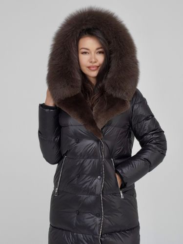 Длинный пуховик с декоративной молнией и меховой отделкой