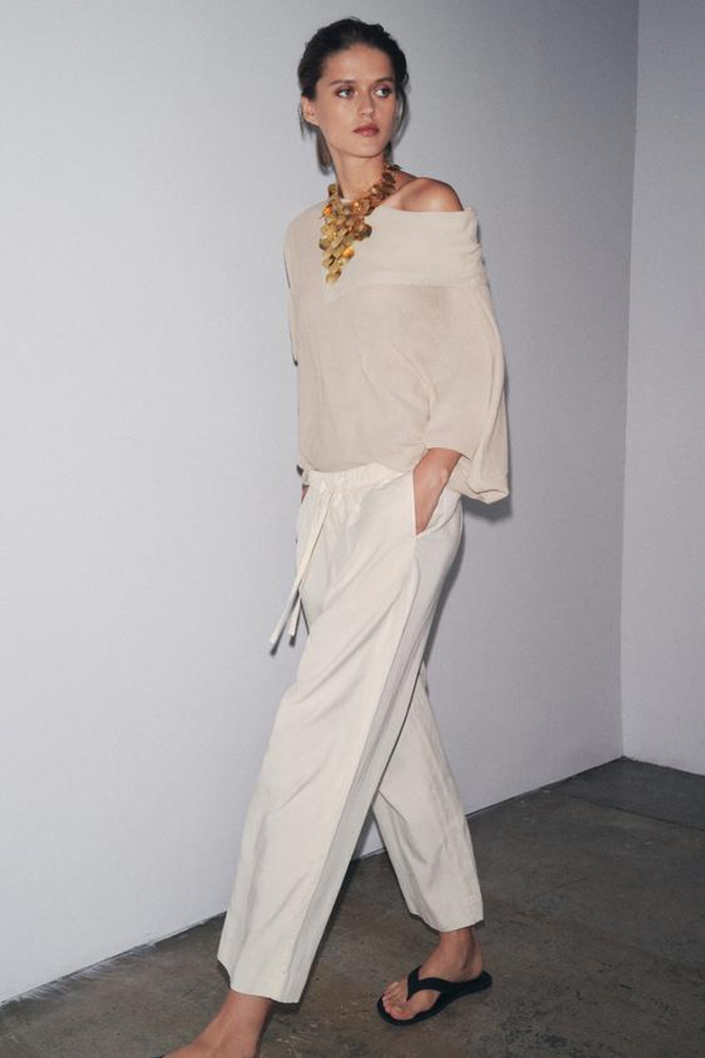 ZARA БРЮКИ-ДЖОГГЕРЫ WIDE LEG — ZW COLLECTION, ЭКРЮ