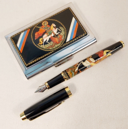 Набор "Георгий Победоносец"  визитница персональная, ручка перьевая с росписью Палех