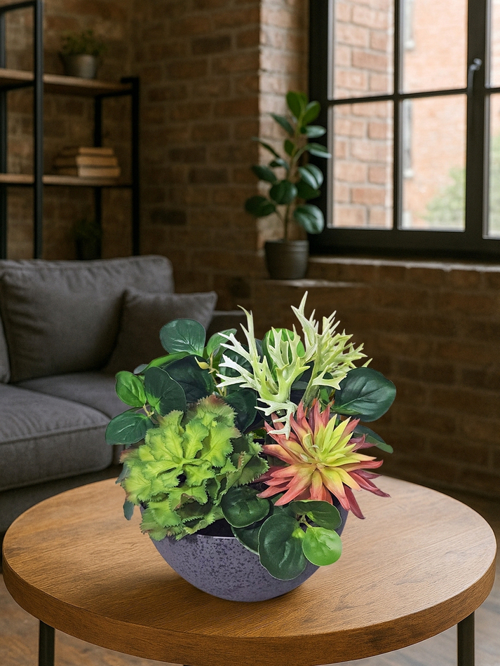 Искусственная Зелень с суккулентами 35см в чаше Лофт