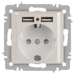 Розетка Intro Accent 6-410-06 с заземлением 2P+E Schuko со шторками 16А-250В + 2хUSB IP20 СУ перламутр