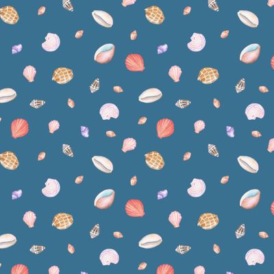 Акварельный паттерн из ярких ракушек на синем фоне