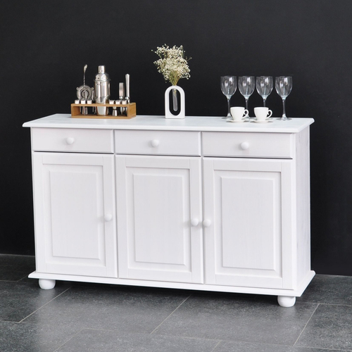 Тумба Лена трехдверная из сосны, с ящиками (нижняя часть буфета Лена), белый воск