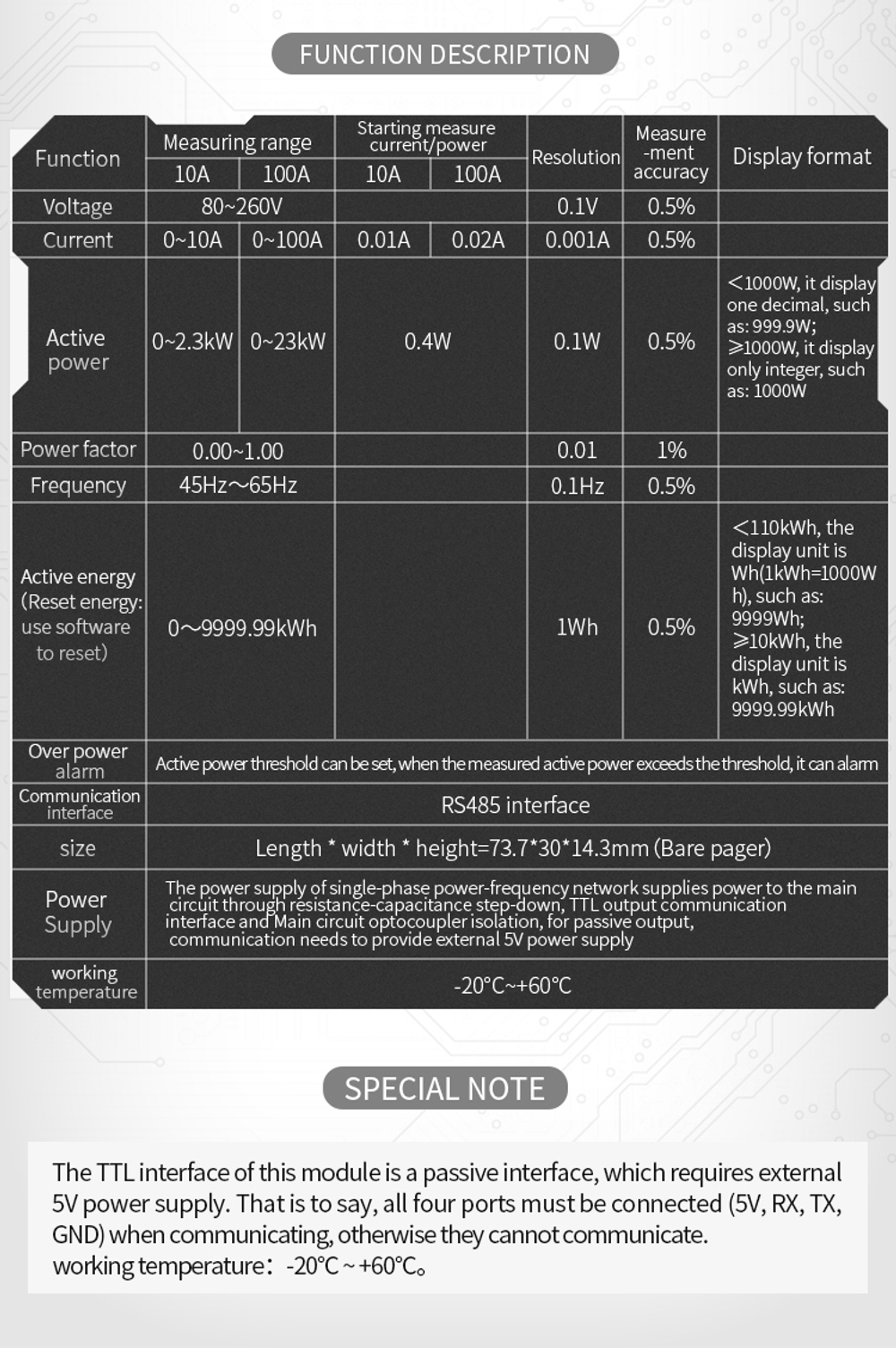 Цифровой измеритель тока, PZEM-004T, 0-100 А, 80-260 В