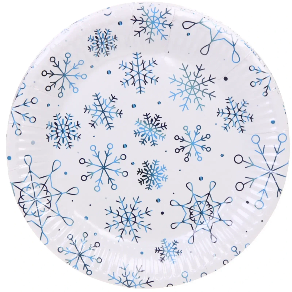 Тарелка бумажная 18 см в наборе 10 шт «Снежные искры», голубой