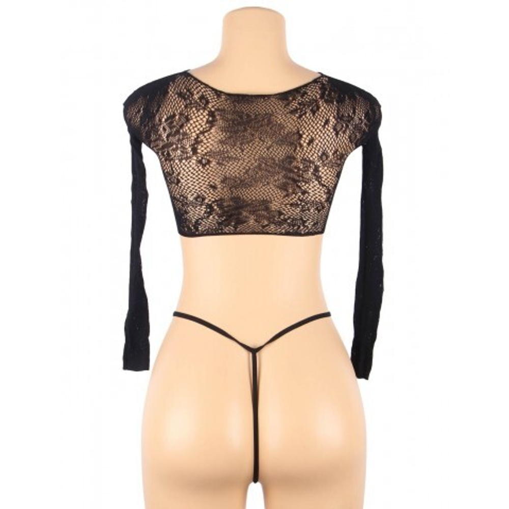 Сексуальный набор: прозрачный топ с длинным рукавом и стринги черный (размер XS-М)
