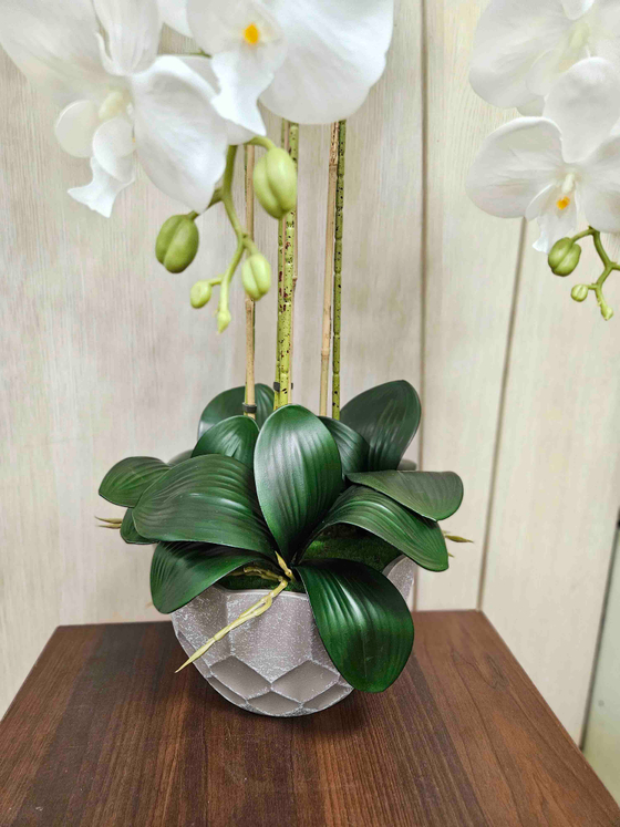 Искусственные Орхидеи белые Люкс 5 веток 75 см в сером кашпо