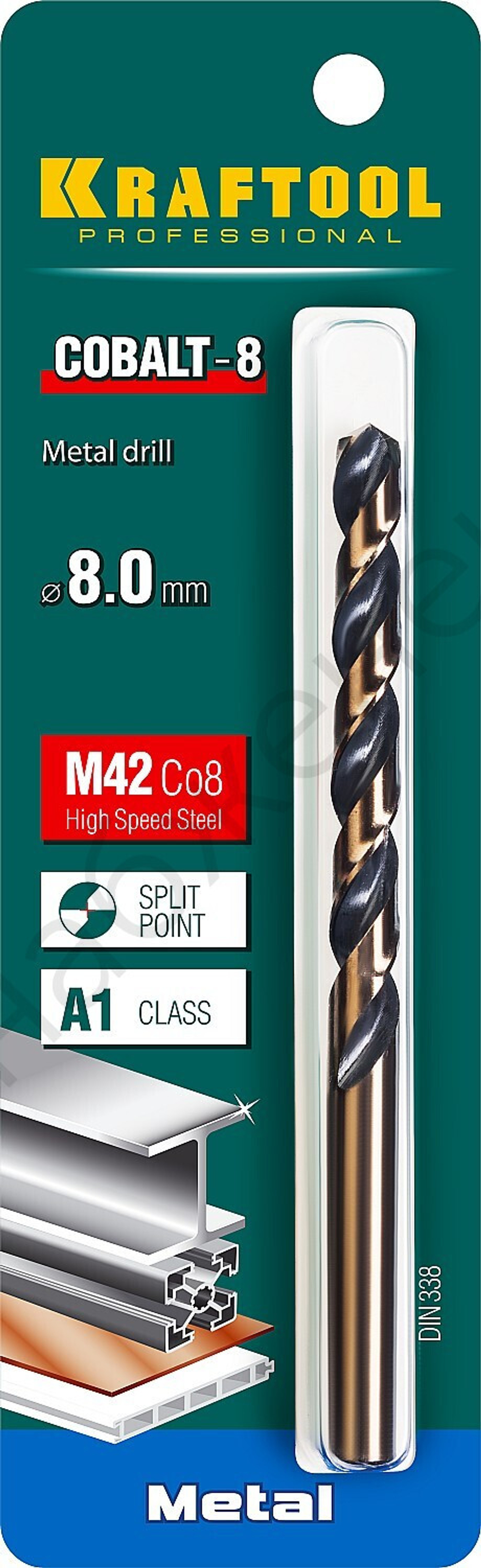 KRAFTOOL COBALT 8.0 х117мм, Сверло по металлу HSS-Co(8%) , сталь М42(S2-10-1-8)