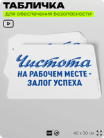 Табличка для обеспечения безопасности "Чистота на рабочем месте - залог успеха", для офиса, по охране труда для предприятия, организаций, 40х30 см, Silver Plane x Айдентика Технолоджи