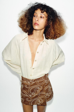 ZARA РУБАШКА С БЛЕСТЯЩЕЙ НИТЬЮ, ЭКРЮ