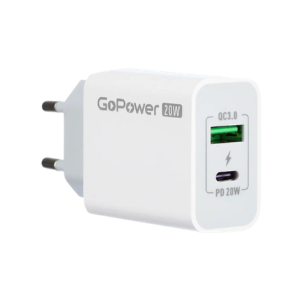 Зарядное устройство сетевое GoPower GPQC08 1USB+1Type-C 20W QC3.0 белый