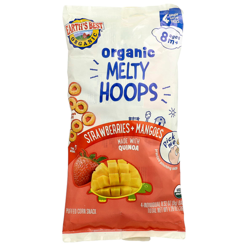 Earth's Best, органический Melty Hoops, кукурузный снек, для детей от 8 месяцев, клубника и манго, 4 порционных упаковки по 9 г (0,32 унции)