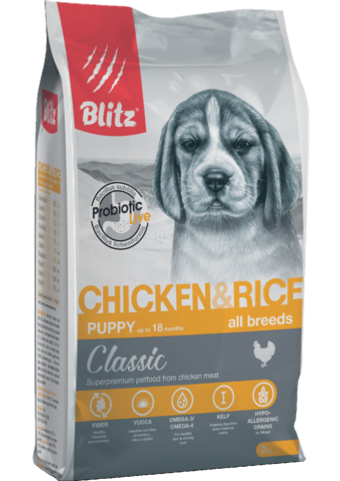 Сухой корм для щенков Blitz PUPPY CHICKEN & RICE для щенков все пород, курица и рис, 15 кг