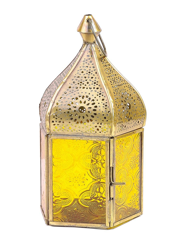 Подсвечник Фонарь металл золотистый стекло цвет желтый 11x11x18 см