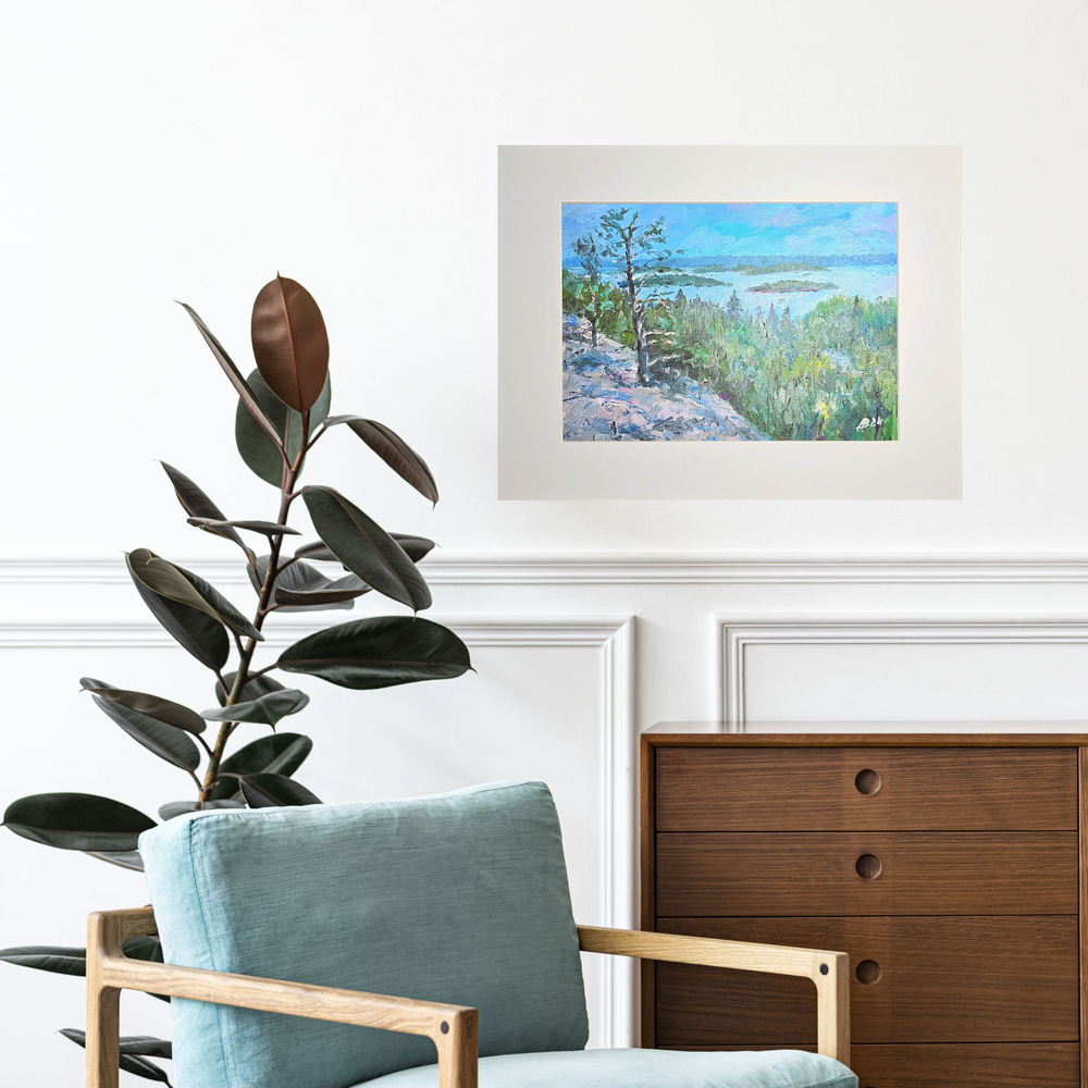 Картина авторская маслом на холсте в паспарту 30х40 см на стену для интерьера "Ладожские шхеры"