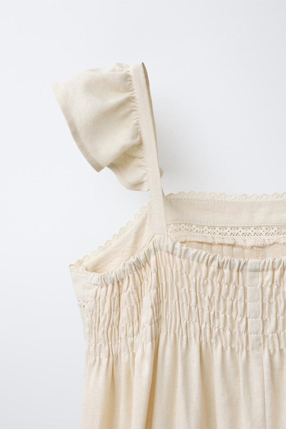 ZARA ДЛИННЫЙ КОМБИНЕЗОН ИЗ ЛЬНА С КРУЖЕВОМ, ЭКРЮ