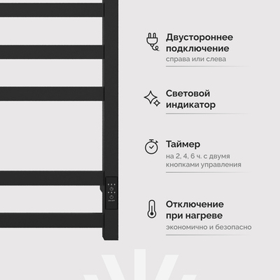 Полотенцесушитель электрический EWRIKA Пенелопа V7 80x55 см, подключение справа, слева, матовый черный, лесенка, из стали