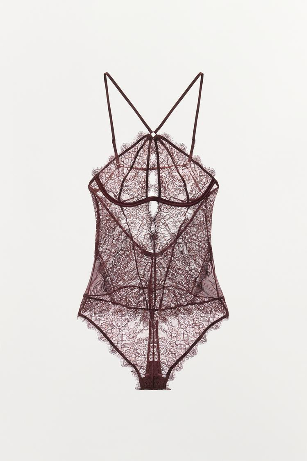 ZARA КРУЖЕВНОЕ БОДИ, ТЕМНО-ГРАНАТОВЫЙ