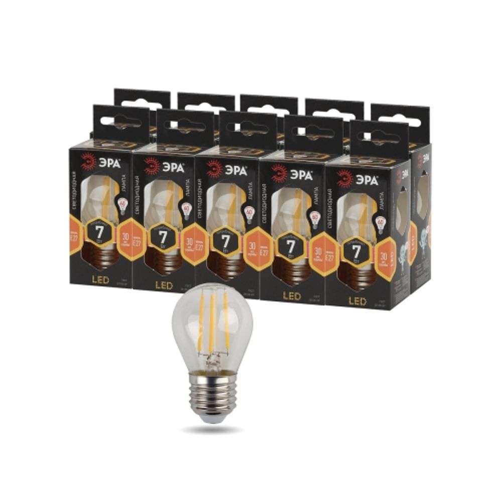 Лампа светодиодная ЭРА F-LED P45-7W-827-E27 7Вт филамент шар теплый белый свет Е27 | Филаментные декоративные