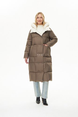 Длинный двусторонний коричнево-белый пуховик