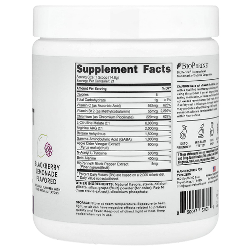 TypeZero, Clean Pre Workout, без стимуляторов, ежевичный лимонад, 311 г (11,1 унции)