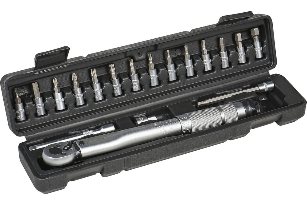 Динамометрический ключ 1/4" 5-25 Нм длина ключа 265 мм в кейсе с удлинителем адаптером и битами AIRLINE ATBN014