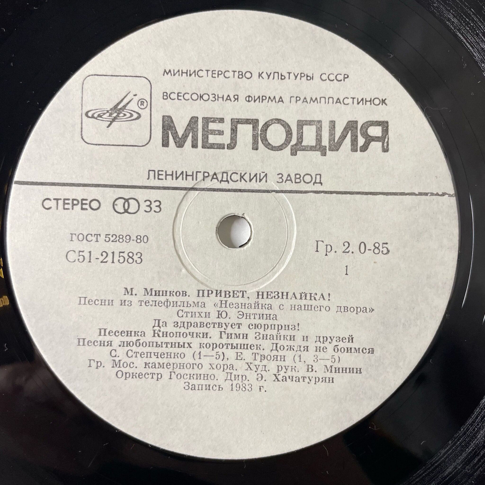 Винтажная виниловая пластинка LP Марк Минков, Привет, Незнайка Песни Из Телефильма Незнайка С Нашего Двора 10 дюймов (СССР 1988)