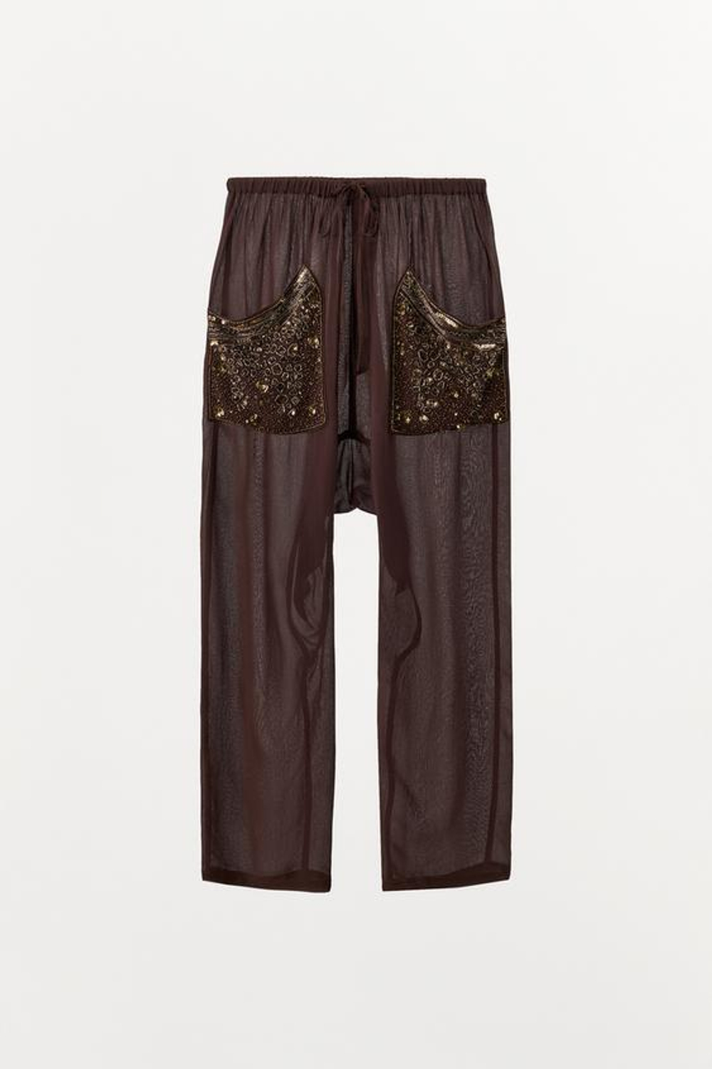 ZARA БРЮКИ BAGGY С БУСИНАМИ И ПАЙЕТКАМИ, КОРИЧНЕВЫЙ