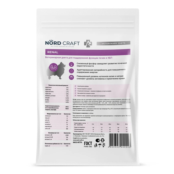 Сухой корм Nord Craft Dogs Mini Renal для собак мелких пород для поддержания функции почек и ХБП