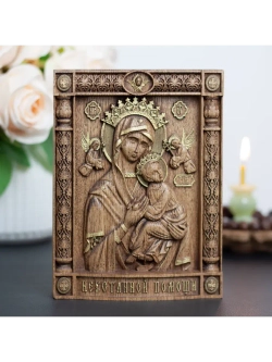 Неустанной Помощи икона Божией Матери деревянная, ясень 01