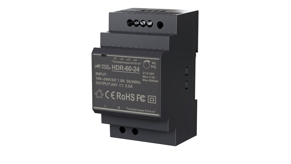 Источник питания PROMPOWER HDR-60-24, на вых. 24 В DC, 2.5А, 60Вт. Вх. 85-264В AC (120-370 В DC)