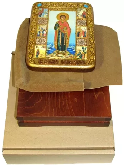 Инкрустированная икона Святой Великомученик и Целитель Пантелеймон 20х15см на натуральном дереве в подарочной коробке