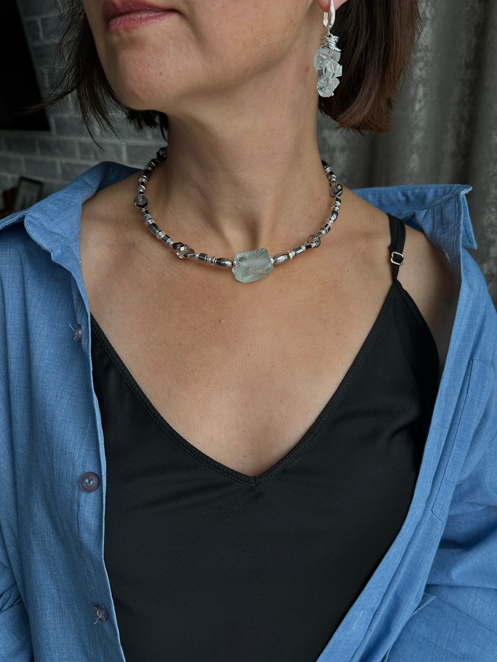 HMG 1273 Silver aqua Серьги с горным хрусталем арт.0720